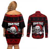 Custom Christmas Couples Matching Off Shoulder Short Dress and Long Sleeve Button Shirt Gothic Skull Creepmas LT7 - Wonder Print Shop
