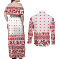 Antique Croatia Folk Embroidery Inspired Pattern Couples Matching Off Shoulder Maxi Dress and Long Sleeve Button Shirt Roses and Peacocks - Wonder Print Shop