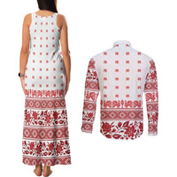 Antique Croatia Folk Embroidery Inspired Pattern Couples Matching Tank Maxi Dress and Long Sleeve Button Shirt Roses and Peacocks - Wonder Print Shop