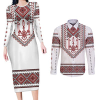 Ukraine Vyshyvanka Inspired Patterns Couples Matching Long Sleeve Bodycon Dress and Long Sleeve Button Shirt White