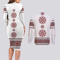 Ukraine Vyshyvanka Inspired Patterns Couples Matching Long Sleeve Bodycon Dress and Long Sleeve Button Shirt White