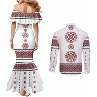 Ukraine Vyshyvanka Inspired Patterns Couples Matching Mermaid Dress and Long Sleeve Button Shirt White