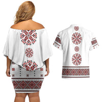 Ukraine Vyshyvanka Inspired Patterns Couples Matching Off Shoulder Short Dress and Hawaiian Shirt White