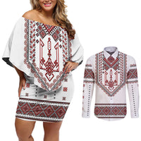 Ukraine Vyshyvanka Inspired Patterns Couples Matching Off Shoulder Short Dress and Long Sleeve Button Shirt White