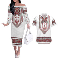 Ukraine Vyshyvanka Inspired Patterns Couples Matching Off The Shoulder Long Sleeve Dress and Hawaiian Shirt White