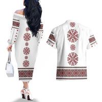 Ukraine Vyshyvanka Inspired Patterns Couples Matching Off The Shoulder Long Sleeve Dress and Hawaiian Shirt White
