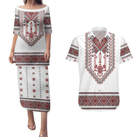 Ukraine Vyshyvanka Inspired Patterns Couples Matching Puletasi and Hawaiian Shirt White