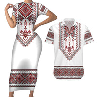 Ukraine Vyshyvanka Inspired Patterns Couples Matching Short Sleeve Bodycon Dress and Hawaiian Shirt White
