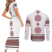 Ukraine Vyshyvanka Inspired Patterns Couples Matching Short Sleeve Bodycon Dress and Long Sleeve Button Shirt White