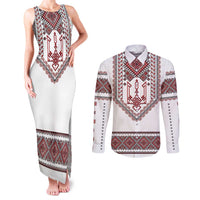 Ukraine Vyshyvanka Inspired Patterns Couples Matching Tank Maxi Dress and Long Sleeve Button Shirt White
