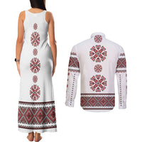 Ukraine Vyshyvanka Inspired Patterns Couples Matching Tank Maxi Dress and Long Sleeve Button Shirt White