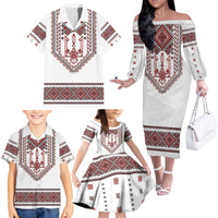 Ukraine Vyshyvanka Inspired Patterns Family Matching Off The Shoulder Long Sleeve Dress and Hawaiian Shirt White