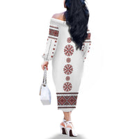 Ukraine Vyshyvanka Inspired Patterns Family Matching Off The Shoulder Long Sleeve Dress and Hawaiian Shirt White