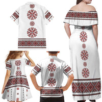 Ukraine Vyshyvanka Inspired Patterns Family Matching Off Shoulder Maxi Dress and Hawaiian Shirt White