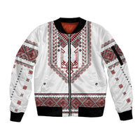 Ukraine Vyshyvanka Inspired Patterns Sleeve Zip Bomber Jacket White