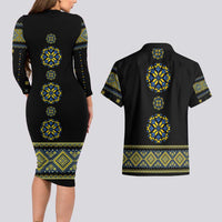 Ukraine Vyshyvanka Inspired Patterns Couples Matching Long Sleeve Bodycon Dress and Hawaiian Shirt Ukraini Colors