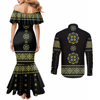 Ukraine Vyshyvanka Inspired Patterns Couples Matching Mermaid Dress and Long Sleeve Button Shirt Ukraini Colors