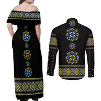 Ukraine Vyshyvanka Inspired Patterns Couples Matching Off Shoulder Maxi Dress and Long Sleeve Button Shirt Ukraini Colors