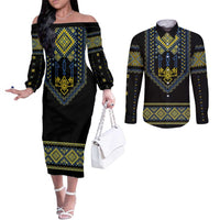 Ukraine Vyshyvanka Inspired Patterns Couples Matching Off The Shoulder Long Sleeve Dress and Long Sleeve Button Shirt Ukraini Colors