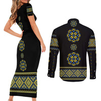 Ukraine Vyshyvanka Inspired Patterns Couples Matching Short Sleeve Bodycon Dress and Long Sleeve Button Shirt Ukraini Colors