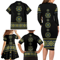 Ukraine Vyshyvanka Inspired Patterns Family Matching Long Sleeve Bodycon Dress and Hawaiian Shirt Ukraini Colors