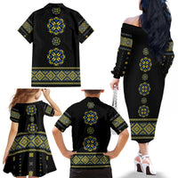 Ukraine Vyshyvanka Inspired Patterns Family Matching Off The Shoulder Long Sleeve Dress and Hawaiian Shirt Ukraini Colors