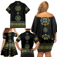 Ukraine Vyshyvanka Inspired Patterns Family Matching Off Shoulder Short Dress and Hawaiian Shirt Ukraini Colors