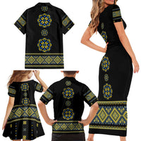 Ukraine Vyshyvanka Inspired Patterns Family Matching Short Sleeve Bodycon Dress and Hawaiian Shirt Ukraini Colors
