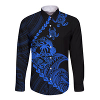 Personalised Guam Long Sleeve Button Shirt Tribal Turtles Curves Style - Blue - Wonder Print Shop