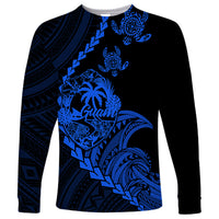 Personalised Guam Long Sleeve Shirt Tribal Turtles Curves Style - Blue - Wonder Print Shop