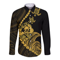 Personalised Guam Long Sleeve Button Shirt Tribal Turtles Curves Style - Gold - Wonder Print Shop