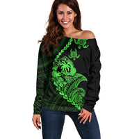 Personalised Guam Off Shoulder Sweater Tribal Turtles Curves Style - Green - Wonder Print Shop