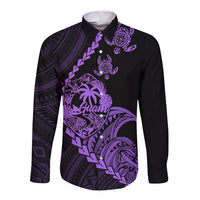 Personalised Guam Long Sleeve Button Shirt Tribal Turtles Curves Style - Purple - Wonder Print Shop