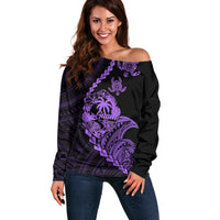 Personalised Guam Off Shoulder Sweater Tribal Turtles Curves Style - Purple - Wonder Print Shop