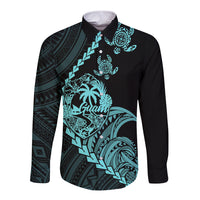 Personalised Guam Long Sleeve Button Shirt Tribal Turtles Curves Style - Turquoise - Wonder Print Shop