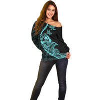 Personalised Guam Off Shoulder Sweater Tribal Turtles Curves Style - Turquoise - Wonder Print Shop