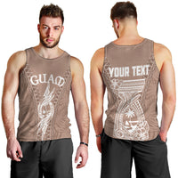 Men's brown tank top front and back view with white Guam graphic