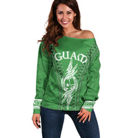 Personalised Guam Off Shoulder Sweater Chamoro Latte Stone Mix Tropical - Green - Wonder Print Shop