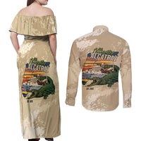 Alligator Alcatraz Retro Couples Matching Off Shoulder Maxi Dress and Long Sleeve Button Shirt The Swamp - Wonder Print Shop