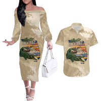 Alligator Alcatraz Retro Couples Matching Off The Shoulder Long Sleeve Dress and Hawaiian Shirt The Swamp - Wonder Print Shop