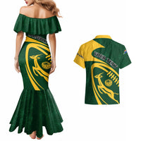 Green off-shoulder mermaid dress and short-sleeve rugby shirt, both with yellow crest and your text