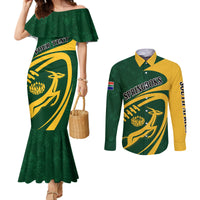 Green mermaid dress with off-shoulder ruffle and yellow Bokke-style graphic; long-sleeve shirt set