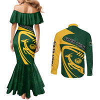 Green mermaid dress and long-sleeve button shirt with Your Text on rugby graphic (back view)