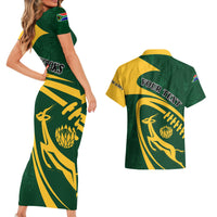 Personalised South Africa Rugby 2023 Couples Matching Short Sleeve Bodycon Dress and Hawaiian Shirt Bokke Champions Sporty Dynamics LT7 - Wonder Print Shop