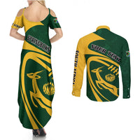 Green rugby maxi dress and long-sleeve button shirt, back view with Bokke-style graphics