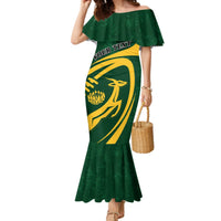 Green off-shoulder mermaid dress with yellow rugby emblem and custom text panel
