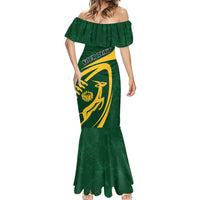 Green off-shoulder mermaid dress with yellow rugby emblem and custom text at chest