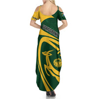 Women's green maxi dress, yellow-and-green rugby back print, spaghetti straps