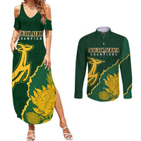 Green cold-shoulder maxi dress and long-sleeve button shirt with yellow graphic print