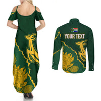 Green open-back maxi dress and long-sleeve button shirt with yellow scenic graphic print
